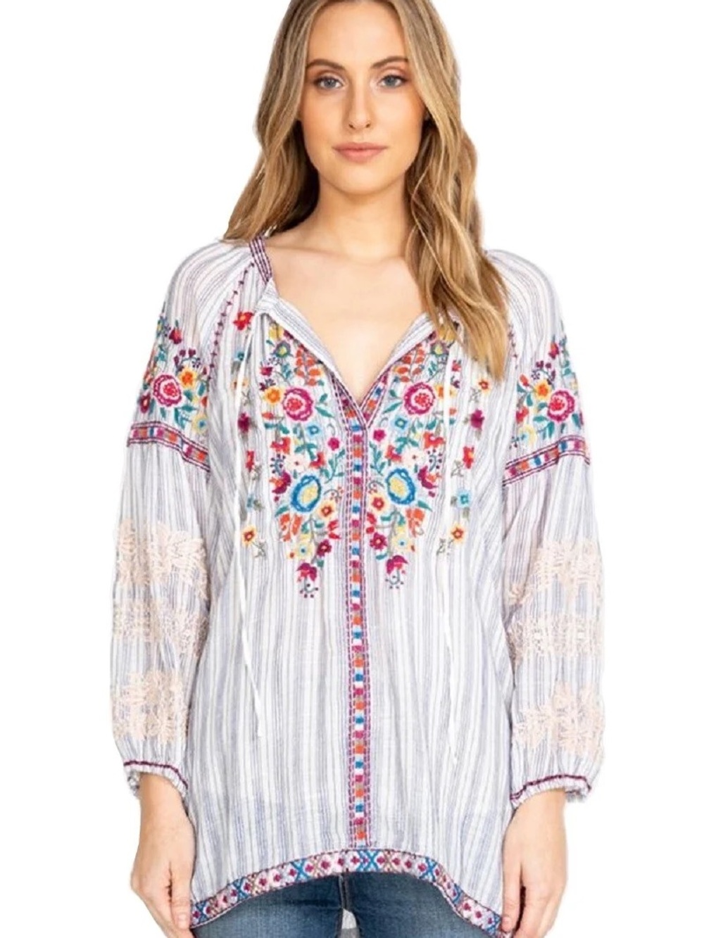 Johnny Was White Striped Peasant Top with Multicolor Floral Embroidery